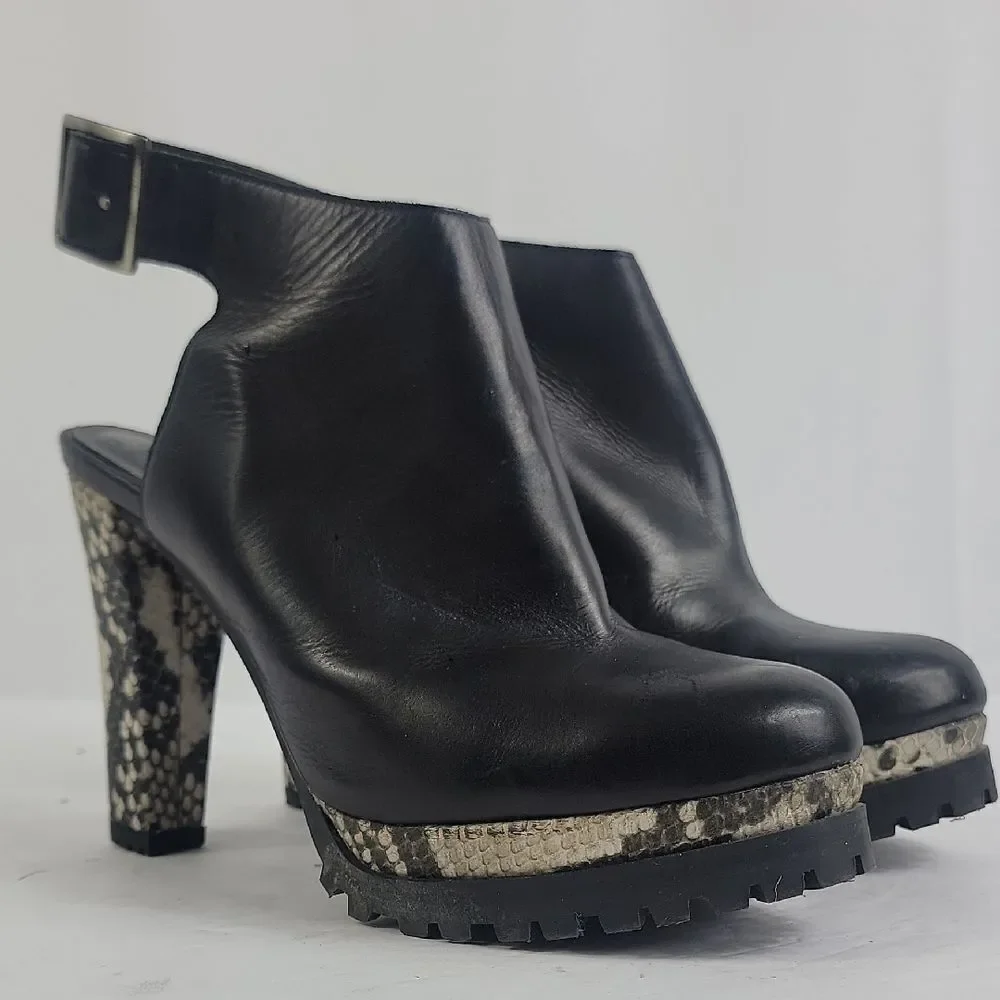 AllSaints Sarris Black White Snakeprint Platform Slingback Booties